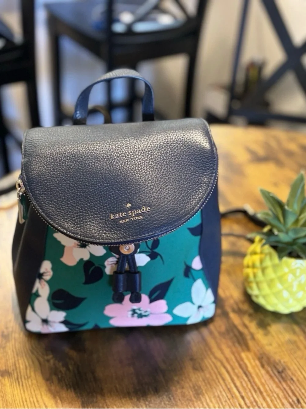 kate spade Navy Floral Green Drawstring Backpack